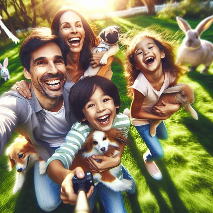 Joyful Multicultural Family Frolicking on Meadow with Pets