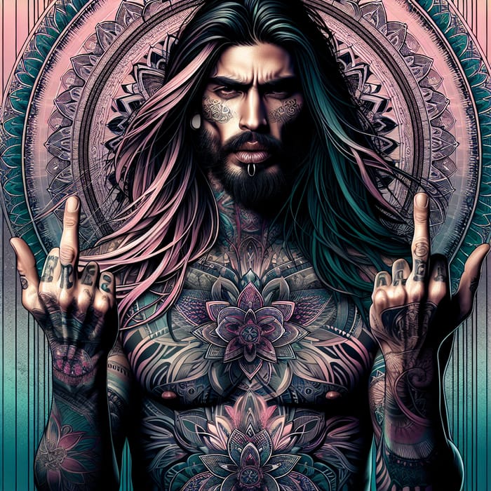 Rebellious Male with Intricate Tattoos and Flowing Hair