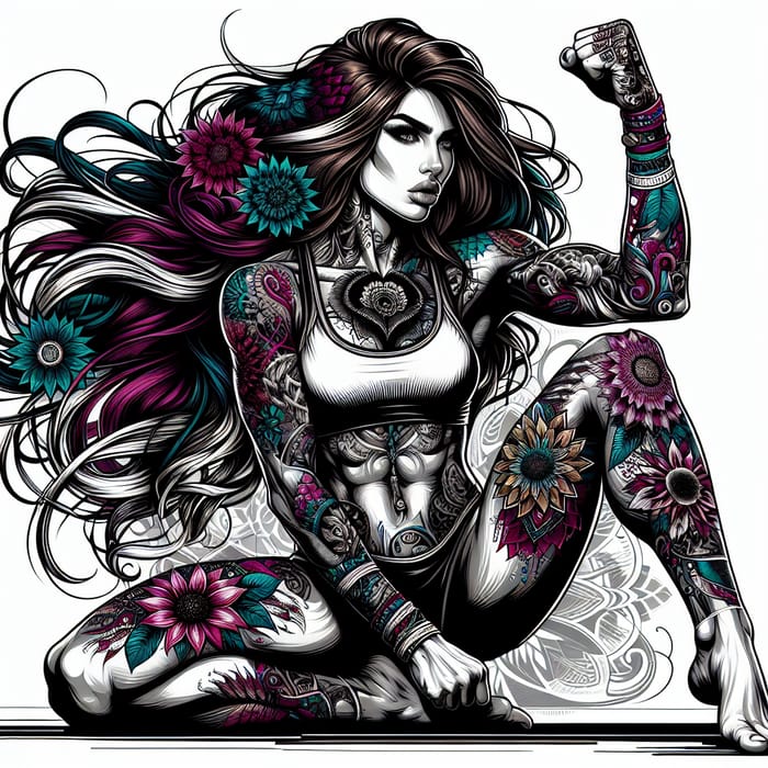 Rebellious Woman with Vibrant Tattoos | Defiant Digital Artwork