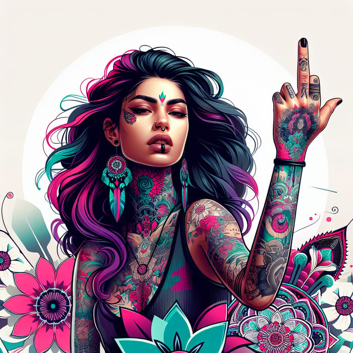 Rebellious Woman Hispanic Graffiti Art with Vibrant Tattoos
