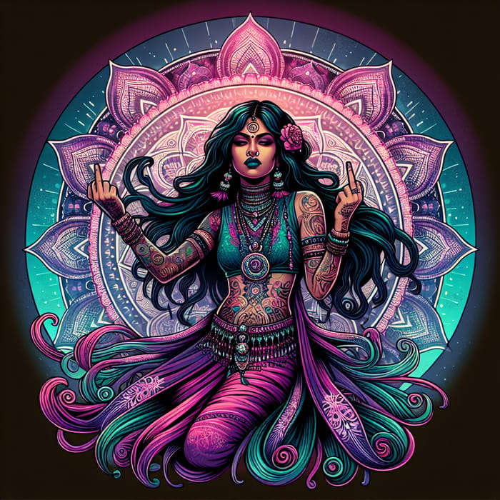 Rebellious Illustration of Defiant South Asian Woman with Tattoos