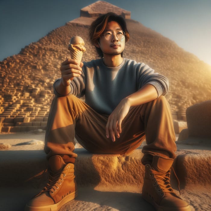 Asian Man Enjoying Chocolate Ice Cream on Ancient Egyptian Pyramids at Sunset