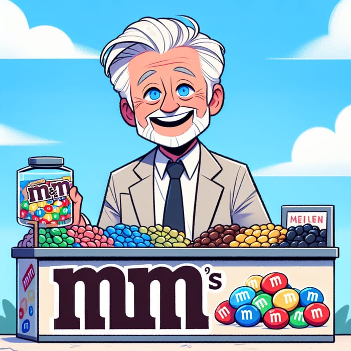 Cartoon Older Man with Colorful MnM Stand | Joyful Character