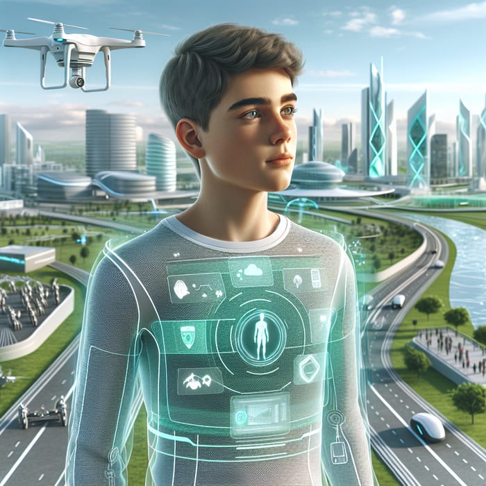 Teenager from Future in Futuristic High-Tech Setting