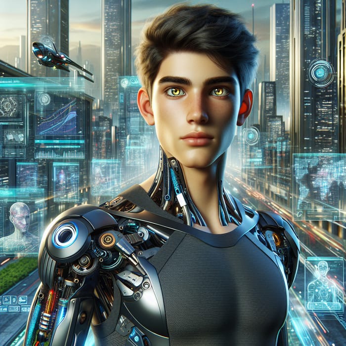 Teenage Cyborg in Futuristic City with Advanced Technology
