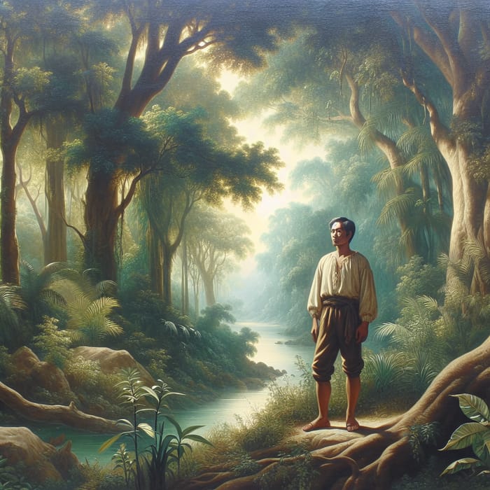 Serene Filipino Man in Nature: Romantic Landscape Painting