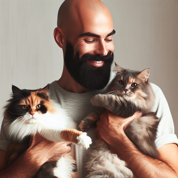 Bald Man Holding 2 Cats with Warm Smile