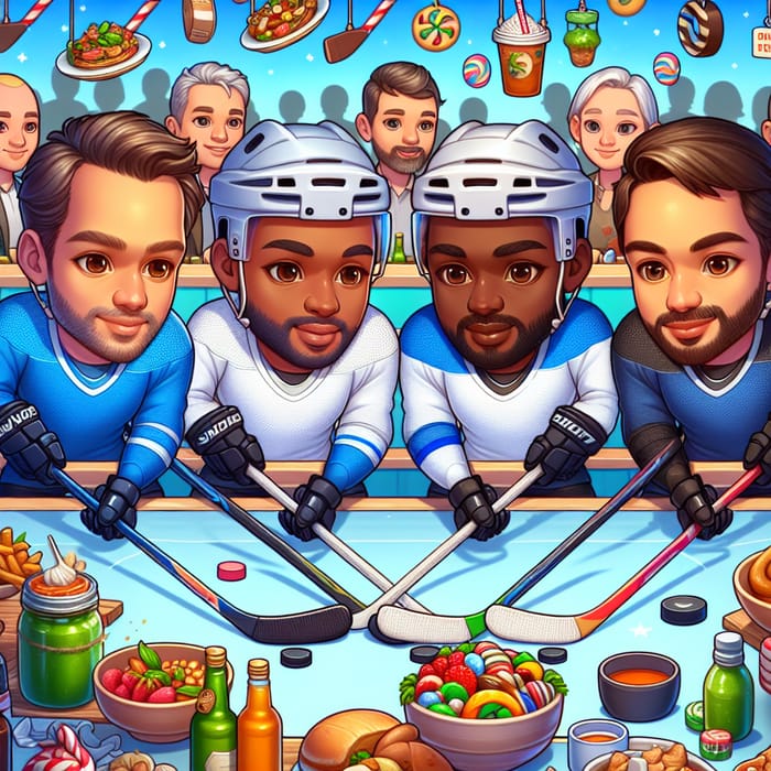 Playful Hockey Players in Food and Candy-Filled Arena