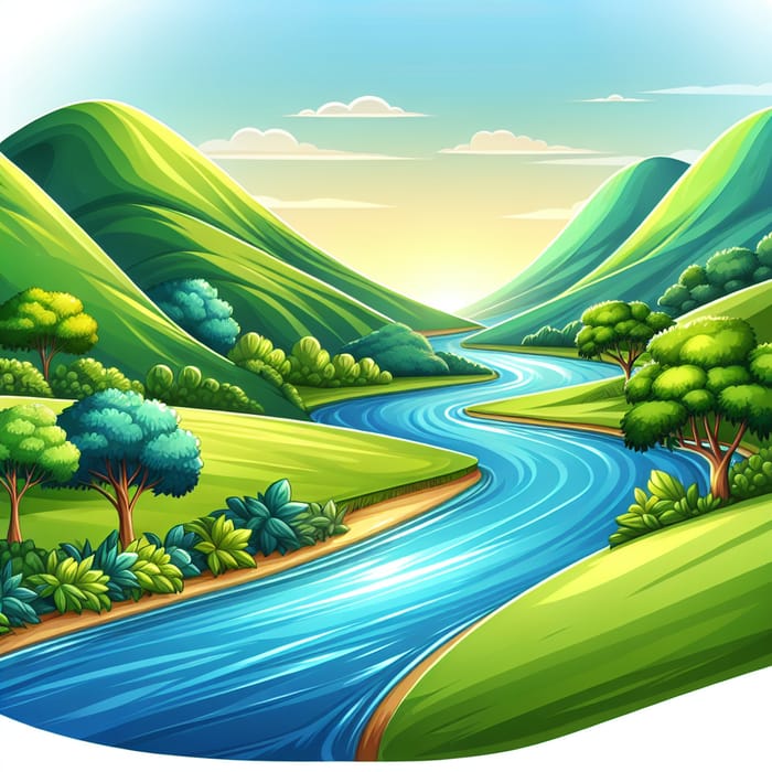 Verdant Hills and Shimmering River | Cartoon Landscape