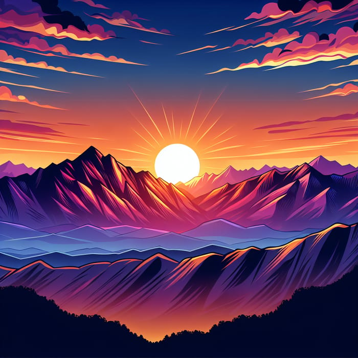 Sun Setting Behind Mountains | Cartoon Image Full of Tranquil Blend
