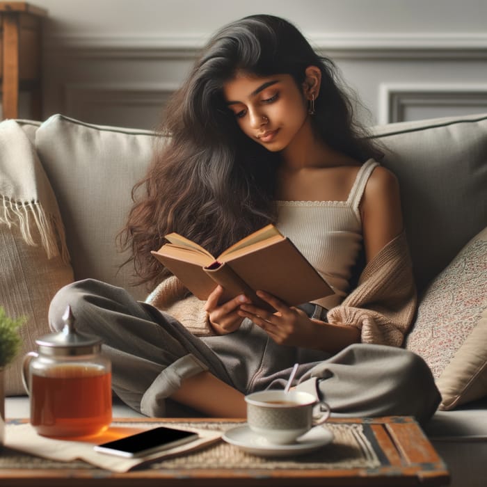 Tranquil Indian Girl Reading Book on Cozy Sofa