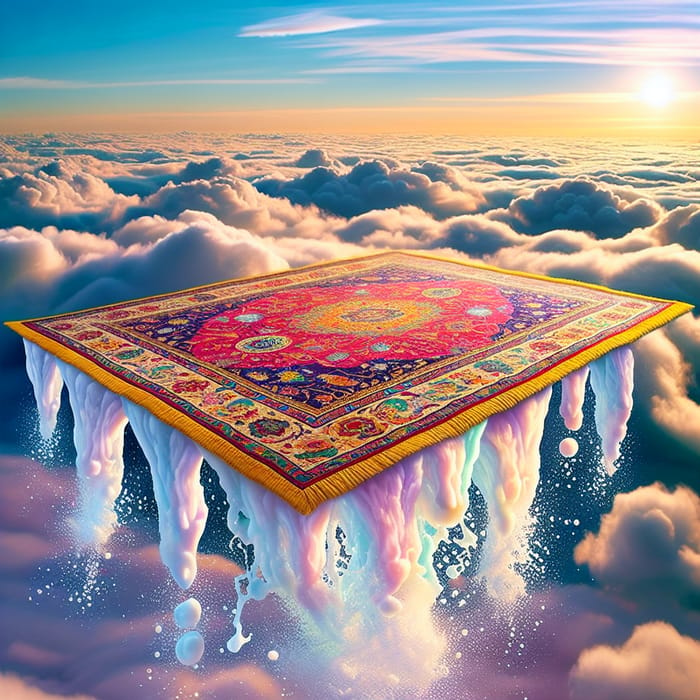 Vibrant Carpet Floating in Sky with Water Splashes