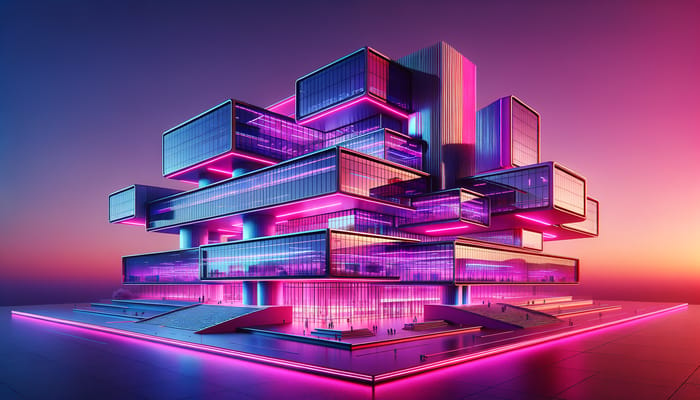 Futuristic School Building | Vibrant Neon Architecture at Sunset