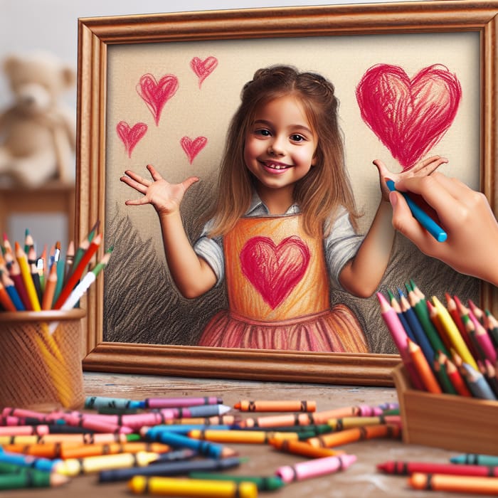 Childlike Drawing of Girl Holding Heart - Custom Framed Artwork