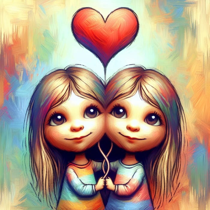 Vivid Two-Headed Girl Holding a Heart - Oil Painting with Crayon Touch