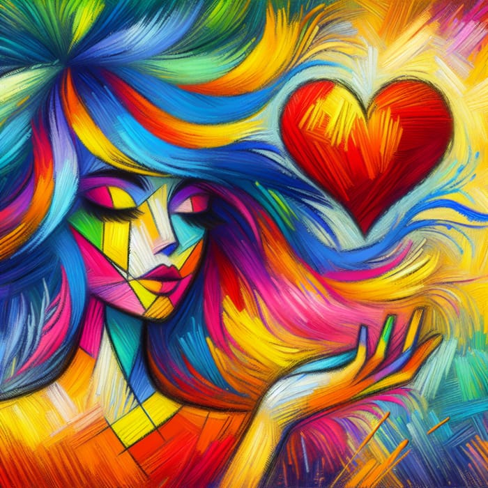 Vivid Impressionistic Girl Holding Heart in Oil and Crayon Art, AI Art  Generator