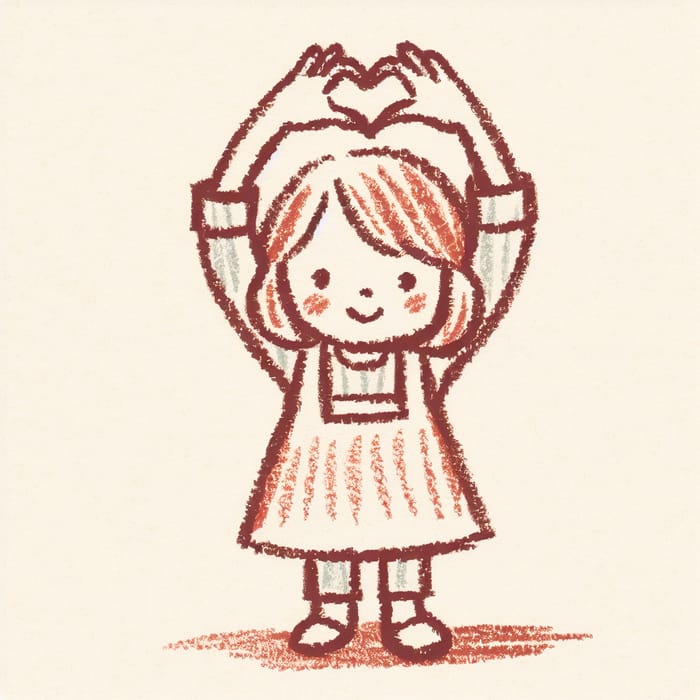 Child's Drawing: Girl Holding Heart with Thick Crayon