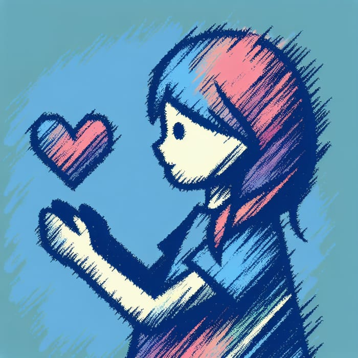 Vivid Crayon Drawing: Child's Heart-Lifting Girl Artwork