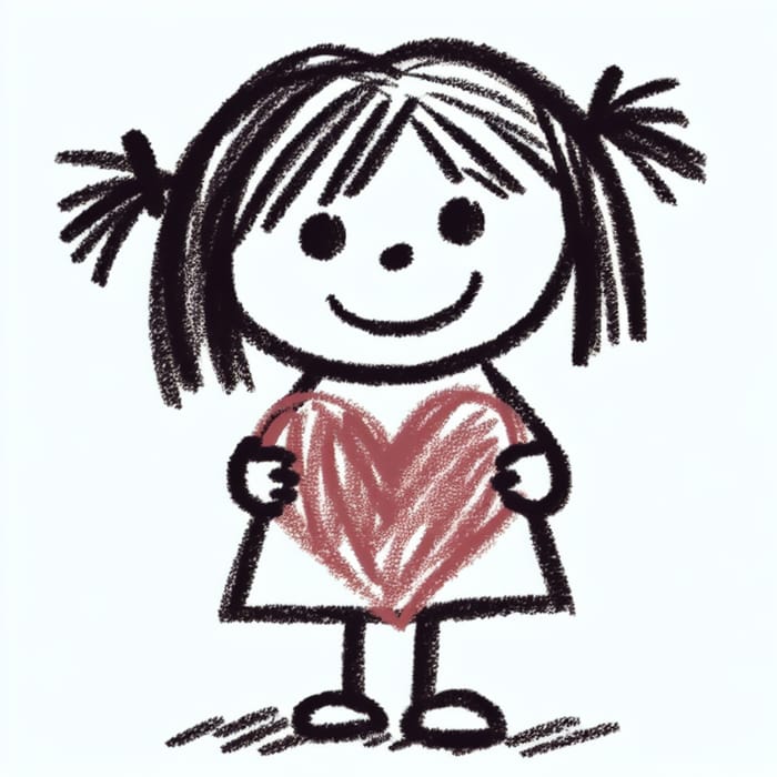 Child Draws Girl Holding Heart - Artistic Expression