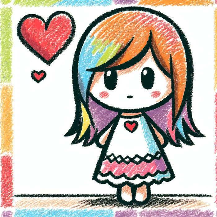 Vivid and Cute Cartoon Girl Holding Heart Drawing
