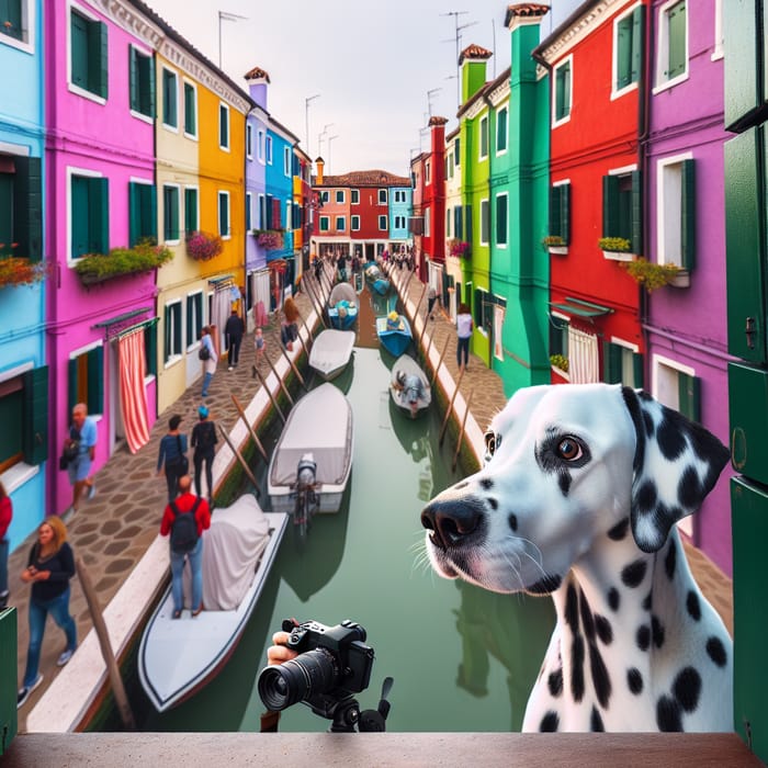 Vibrant Burano Italy Scene with Dalmatian and Canal Life