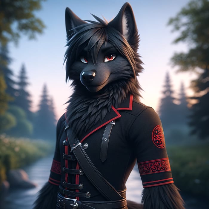 Black Female Wolf in Stylish Outfit under Twilight Sky