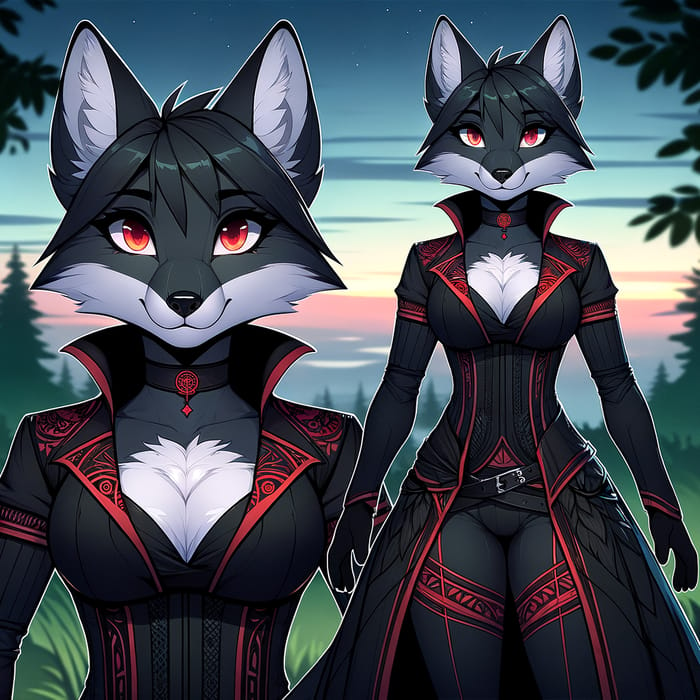 Intelligent Female Black Fox in Captivating Black & Red Attire