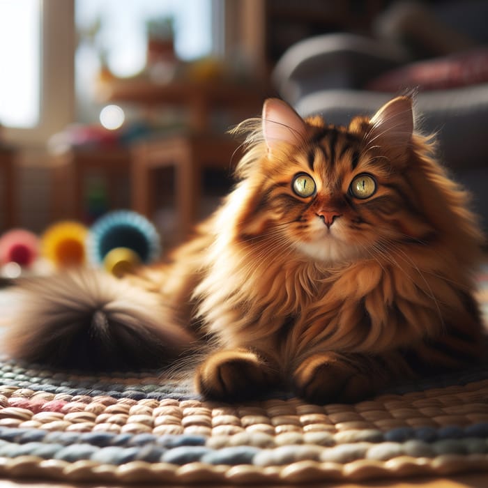 Fluffy Domestic Cat Lounging on Woven Rug | 猫