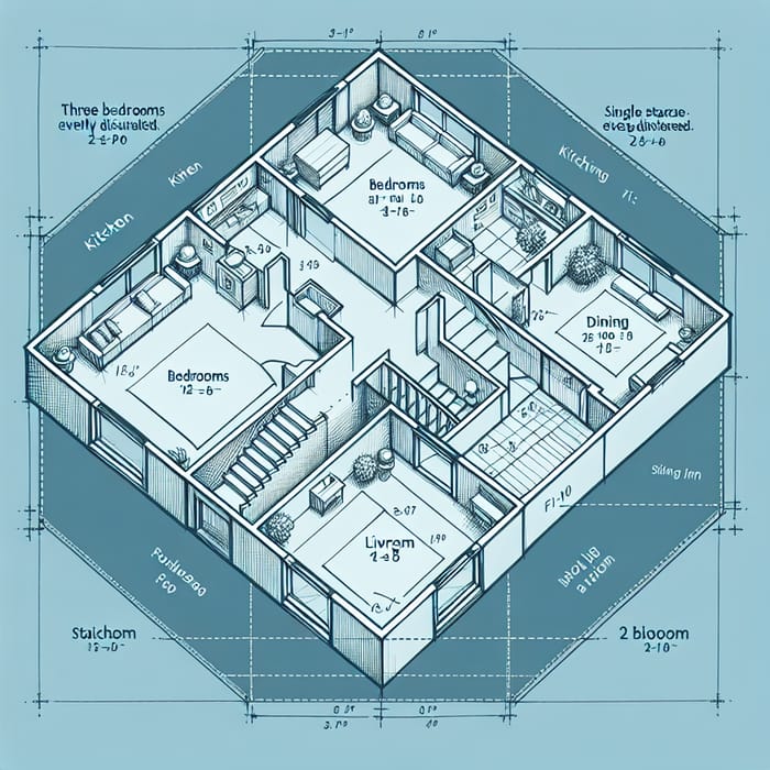 Square House Floor Plan: 3 Bedrooms, Staircase | Pencil Drawing