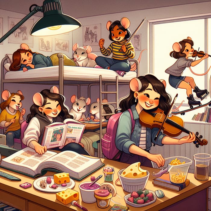Five Mouse Girls in Dorm: Lively Scene with Diverse Activities