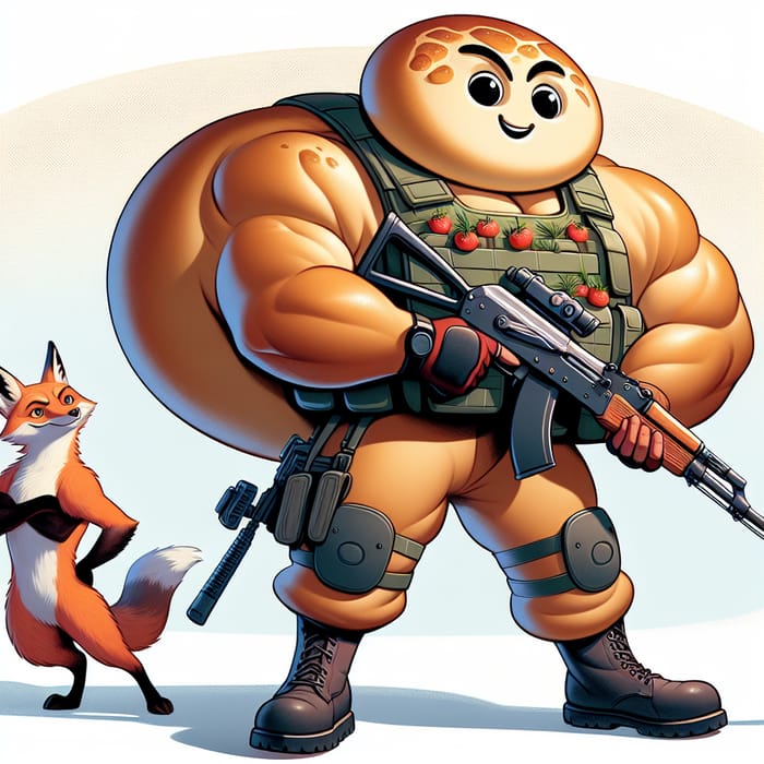 Action-Packed Kolobok Character with Automatic Weapon and Fox