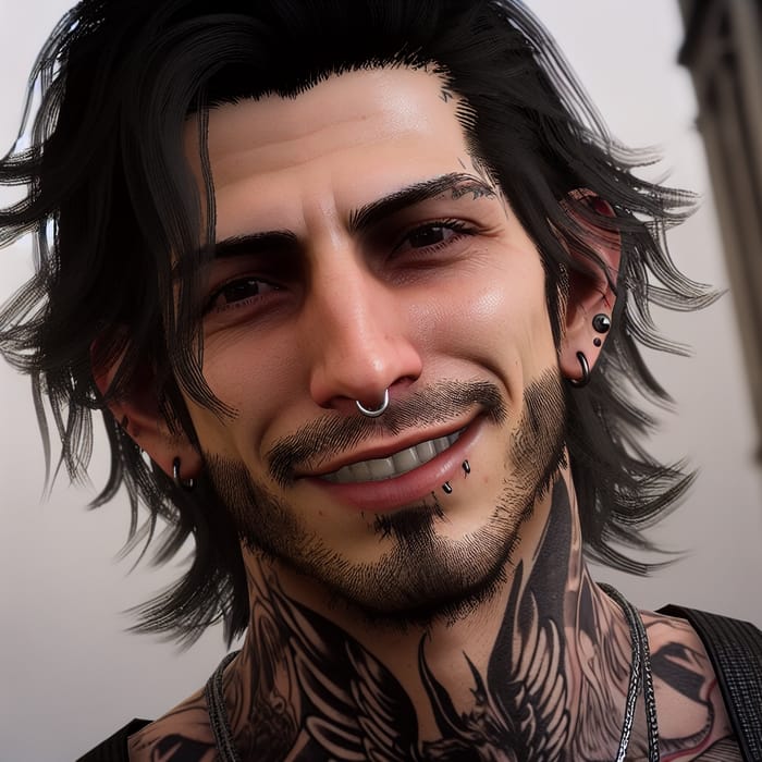 Tall Male with Tattoos, Black Hair, and Enigmatic Smile
