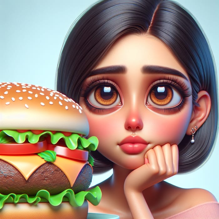 South Asian Woman with Big Eyes Craving Delicious Hamburger
