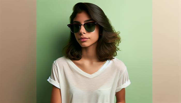 Hispanic Girl in Sunglasses and White T-Shirt on Green Background