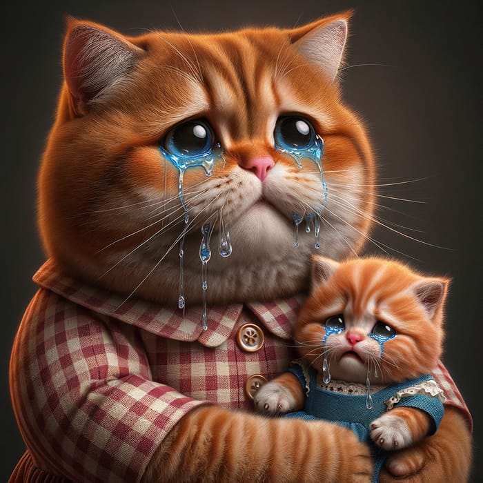 Grieving Red Cat in Realistic Photo Crying with Kitten