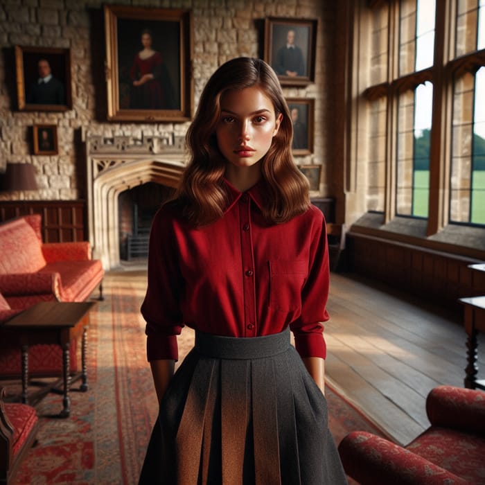 Young Brunette Girl in Grand Castle | Red Uniform Scene