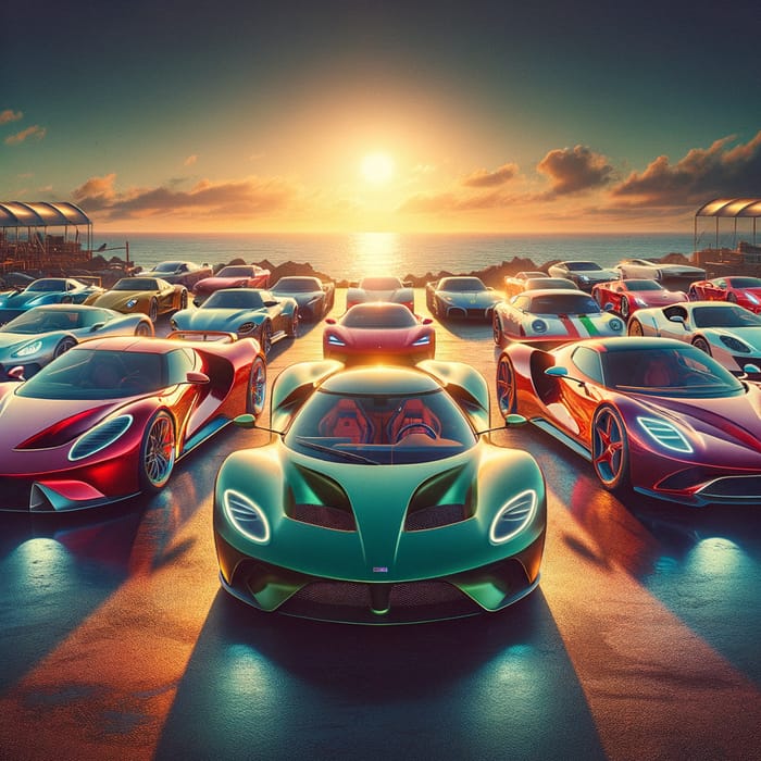 Captivating Super Cars: A Scene of British Racing Green, Fiery Red, and Lustrous White