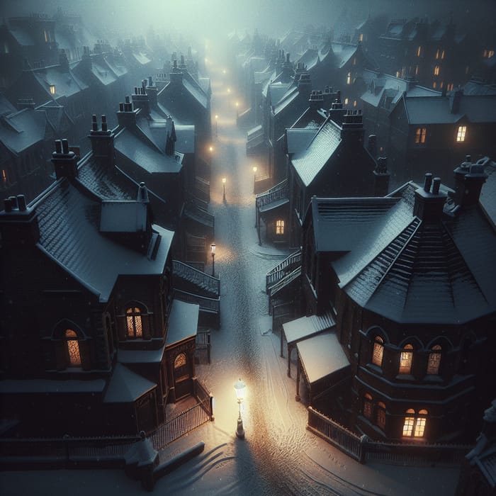 Winter Night Victorian Houses in Old Europe | Aerial View