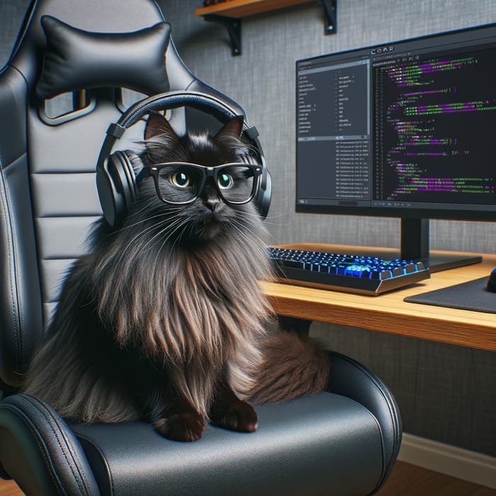 Focused Black Furry Cat in Glasses & Headphones Creating Program