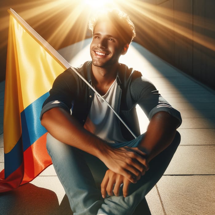 Colombian Man Sitting in Sunlight with Flag of Colombia