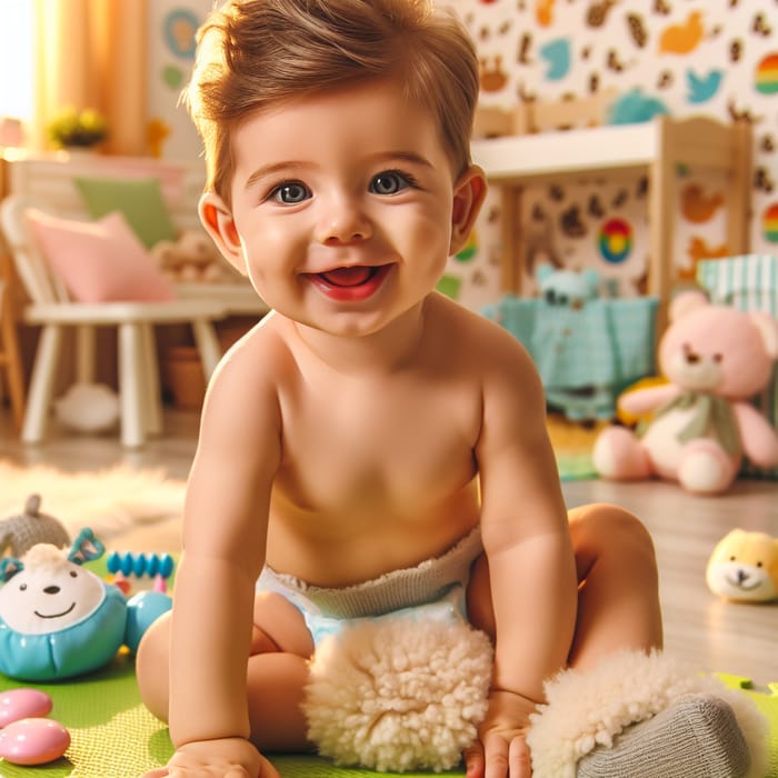 Happy Caucasian Baby Boy in Blue Diaper | Nursery Room Toys