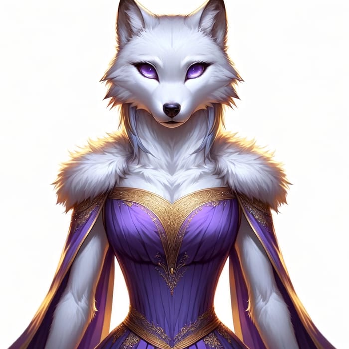 Female White Wolf Character in Purple and Gold Attire