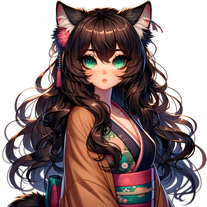 Cat Girl in Enchanting Kimono Costume - Mystical Feline Hybrid
