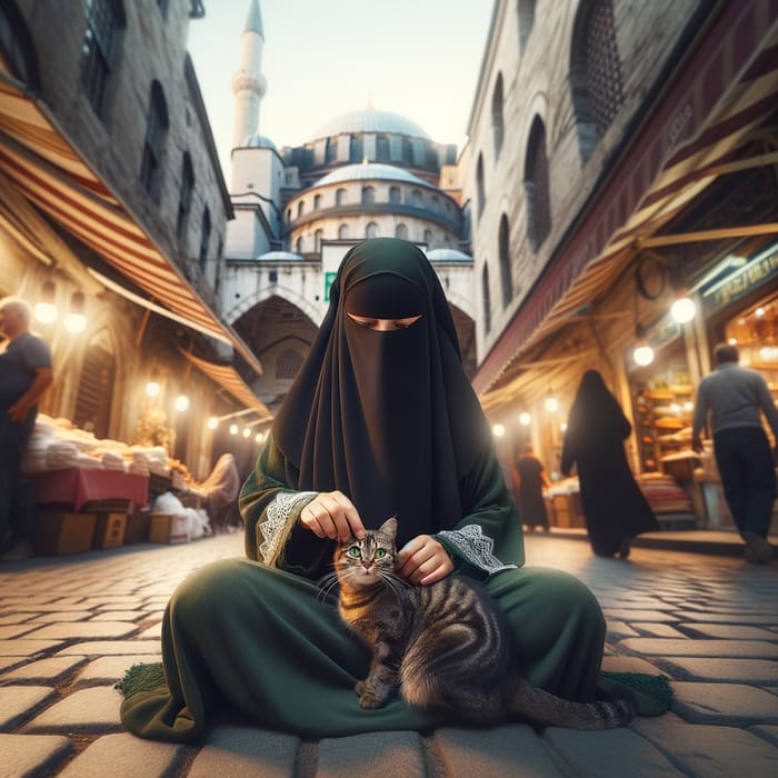 Muslim Woman Caressing Cat in Istanbul | Cultural Scene