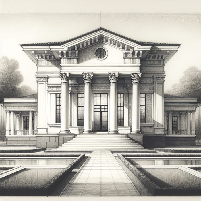 Neoclassical House Sketch | Elegant Symmetrical Blueprint Design