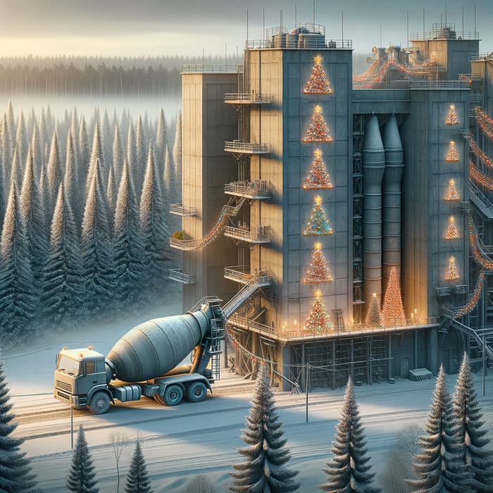 Winter Concrete Factory Decorated for New Year | Mixer Truck & Forest Scene