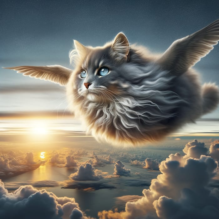 Fluffy Grey Cat with Billowing Fur Soaring in Sky