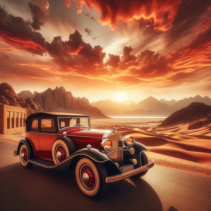 Vintage Arabic Car in Desert Sunset Scene