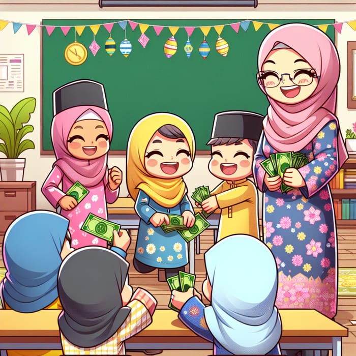 Diverse Hijab Students Receive Raya Money from Teacher