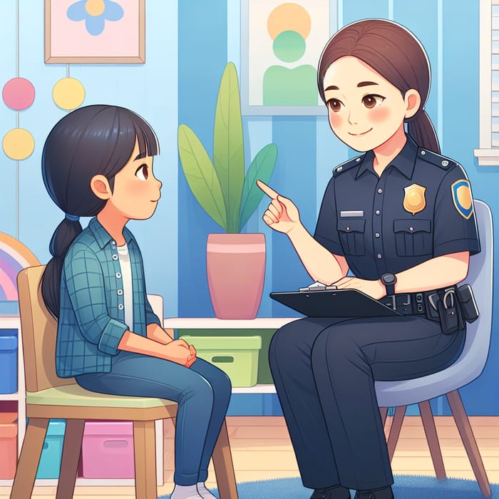 Engaging Asian Female Police Officer Talking to 13-Year-Old Girl